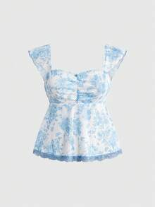 ROMWE Kawaii Women's Floral Ruffle Cap Sleeve Fashionable Blouse, Suitable For Vacation - White - View 1