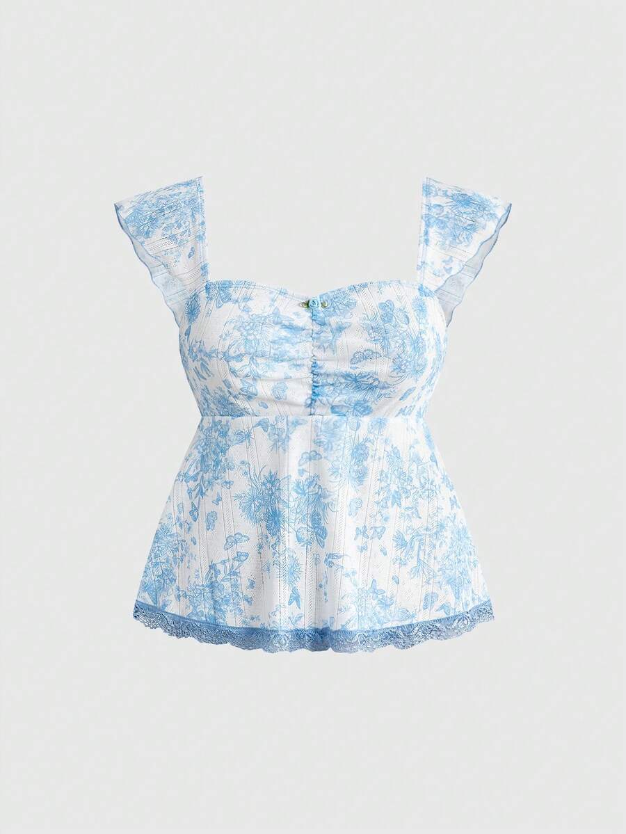 ROMWE Kawaii Women's Floral Ruffle Cap Sleeve Fashionable Blouse, Suitable For Vacation - White - View 1