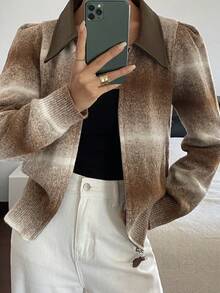 DAZY Women's Casual Colorblock PU Leather Splicing Lapel Ombre Cardigan, Autumn/Winter - Coffee Brown - View 1