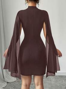 SHEIN PETITE Women's Mandarin Collar Chiffon Cape Bodycon Mini Dress - Brown - View 2