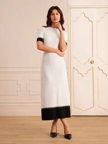 Lilora Vestido de punto de manga corta ajustado con bloqueo de color elegante, conjunto de ropa sofisticada y elegante para mujer de otoño/invierno a primavera/verano - Blanco y Negro - Ver 4