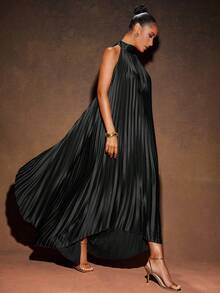 Hauture Sexy Elegant Vacation Pleated Solid High Low Backless Stand Collar Halter Maxi Dress - Black - View 3