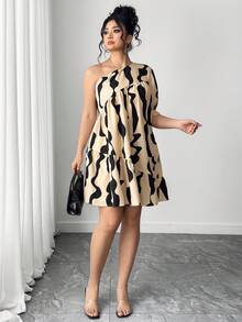 SHEIN Elenzya 大码极简多层娃娃裙，几何印花不对称灯笼袖及膝连衣裙 - 黑色 - 查看 6