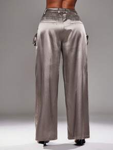 NYA SZN Pant High Rise Cargo Pocket Wide Leg Flowy Loose Winter Spring Valntines Day Streetwear Cool Girl Satin Brown Business Casual Event Special Occasion Luxury Carnival Outfits For Women - Brown - View 7