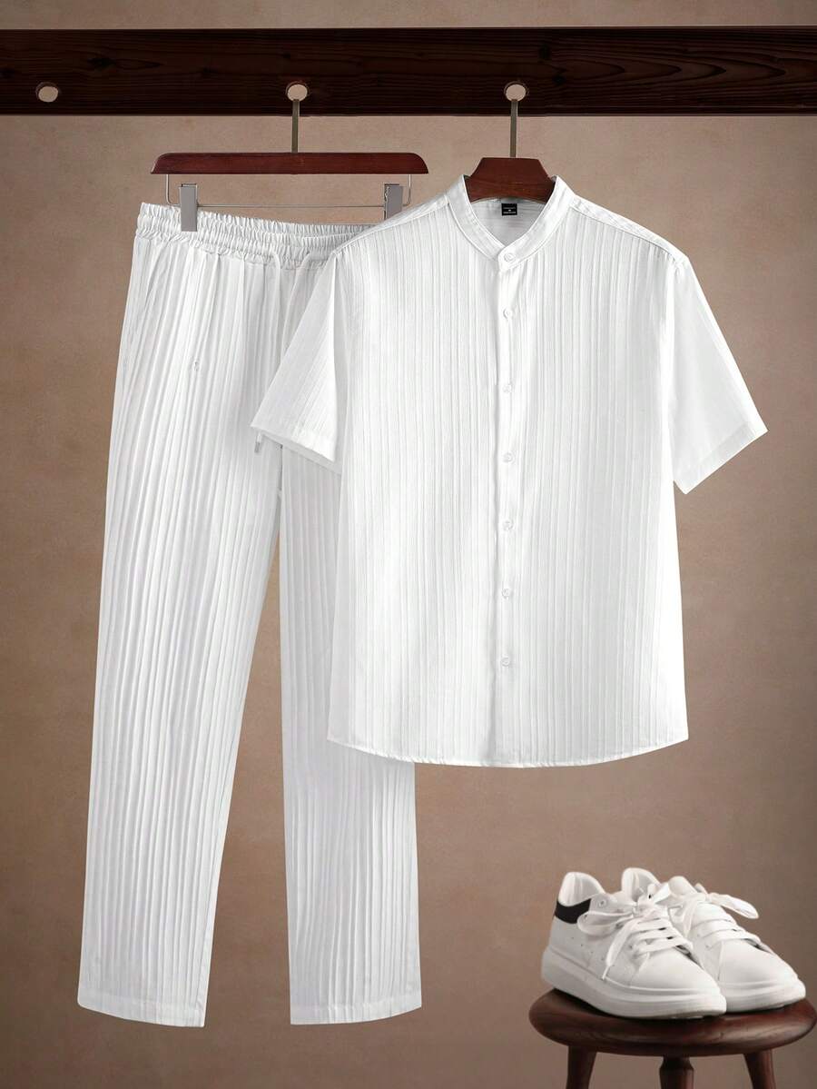 Core Aspect Bộ 2 áo sơ mi tay ngắn họa tiết trơn màu đơn giản cho nam kèm quần ống đứng cạp rút, trang phục hai mảnh cho nam, quần áo nam, trang phục ấm áp - trắng - Xem 1