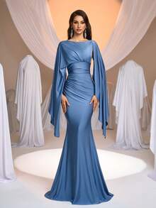 Aureia 优雅浪漫蓝色褶皱圆领收腰鱼尾喇叭袖针织伴娘礼服 - 藍色 - 查看 5