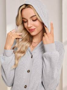 SHEIN 2pcs Maternity Set: Long Sleeve Hooded Cardigan With Front Buttons, Knit Wide Leg Pants - Grey - View 6