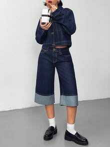 SHEIN Casual Commuter Jacket & Wide Leg Jeans Set - Dark Wash - View 5