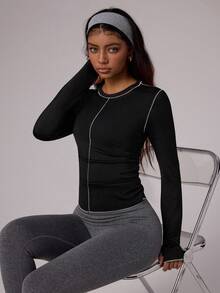 Dewbera Contrast Trim Round Neck Fitted Sporty Long Sleeve T-Shirt Women Active Top Curve Athletic Top Long Sleeve Sport Top Black Sport Top - Black - View 7