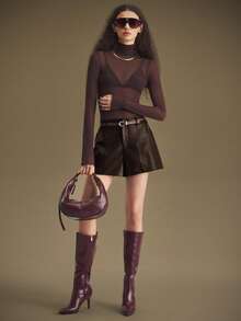 Ontre Women's Elastic Waist PU Leather Casual Shorts, Suitable For Urban Commute, Business, Party, Wedding Guest, Summer, Valentine's Day, New Year, Elegant And Fashionable - Brown - View 3