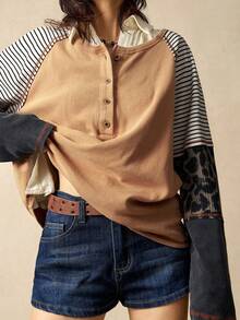 Bohemela Casual Knit Patchwork Half-Zip Loose Long Sleeve T-Shirt For Women