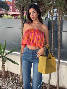 Maca Silvats Women Vacation Beach Style Oil Painting Print Chiffon Halter Cropped Top, Spring/Summer - Orange - View 6