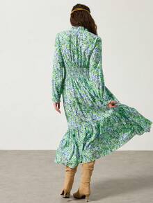 Silhoulove Women's Elegant Frill Trim Tie Neck Gathered Waist Flared Hem Long Sleeve Dress - Multicolor - View 3