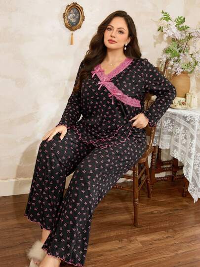  Côtesoire 大码女式黑色不规则蕾丝V领粉色蝴蝶结花卉印花柔软牛奶丝长袖上衣和裤子两件套休闲家居服套装