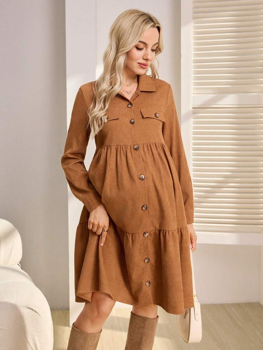 SHEIN 孕妇通勤休闲纯色前扣荷叶边下摆长袖连衣裙 - 棕色 - 查看 1