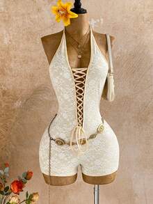 Soleia New Lace Front Tie Hollow Out High Stretch Bodysuit, Suitable For Party, Date, Valentine's Day, Carnival, Afternoon Tea, Beach, Cruise, City Vacation, Music Festival, Commute, Daily Wear, Bohemian, Boho, Romantic Floral, Vacation, Floral Women's Jumpsuit Black Bodysuit Party Outfit