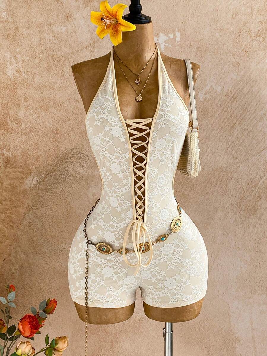 Soleia New Lace Front Tie Hollow Out High Stretch Bodysuit, Suitable For Party, Date, Valentine's Day, Carnival, Afternoon Tea, Beach, Cruise, City Vacation, Music Festival, Commute, Daily Wear, Bohemian, Boho, Romantic Floral, Vacation, Floral Women's Jumpsuit Black Bodysuit Party Outfit