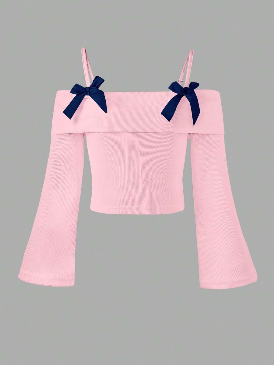 这款专为少女设计的新款长袖吊带露肩蝴蝶结上衣现已上市。它舒适、时尚、优雅、甜美、可爱、活泼、独特，是日常穿搭的必备单品。 - 粉色 - 查看 1