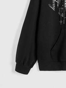 ROMWE Grunge Punk 朋克荆棘城堡标语白色字母Logo黑色拉链口袋女式卫衣 - 黑色 - 查看 4