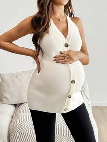 SHEIN Gilet sans manches ajusté à boutons devant et col en V de couleur unie pour femmes enceintes - Nude - Voir 7