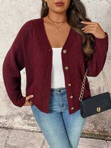 EMERY ROSE Plus Size Women Casual V-Neck Loose Button-Front Cardigan, Solid Color, Suitable For Daily Commute, Autumn/Winter - Burgundy - View 5