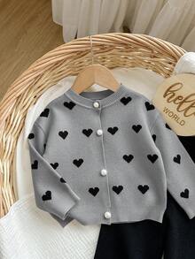 SHEIN 女婴休闲日常通勤全心形图案落肩宽松开衫及撞色滚边毛衣长裤套装，秋冬款 - 灰色 - 查看 3