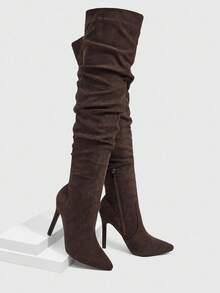 Daringsoles 女式绒面细高跟靴，深棕色，性感派对、舞蹈、宽松腿、褶皱、过膝，秋冬款 - 咖啡棕 - 查看 3