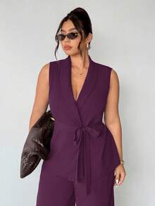 SHEIN Frenchy Bộ đồ liền thân màu nâu cỡ lớn cho nữ, áo khoác không tay cổ bẻ, thắt lưng và quần dài, đồ đi làm thường ngày 2 món, bộ đồ liền thân màu nâu cỡ lớn cho nữ, bộ đồ liền thân trang trọng màu nâu 2 món cho nữ, bộ đồ bà bầu sang trọng, bộ đồ 2 mảnh, quần áo thu đông cho nữ - Màu tím - Xem 4