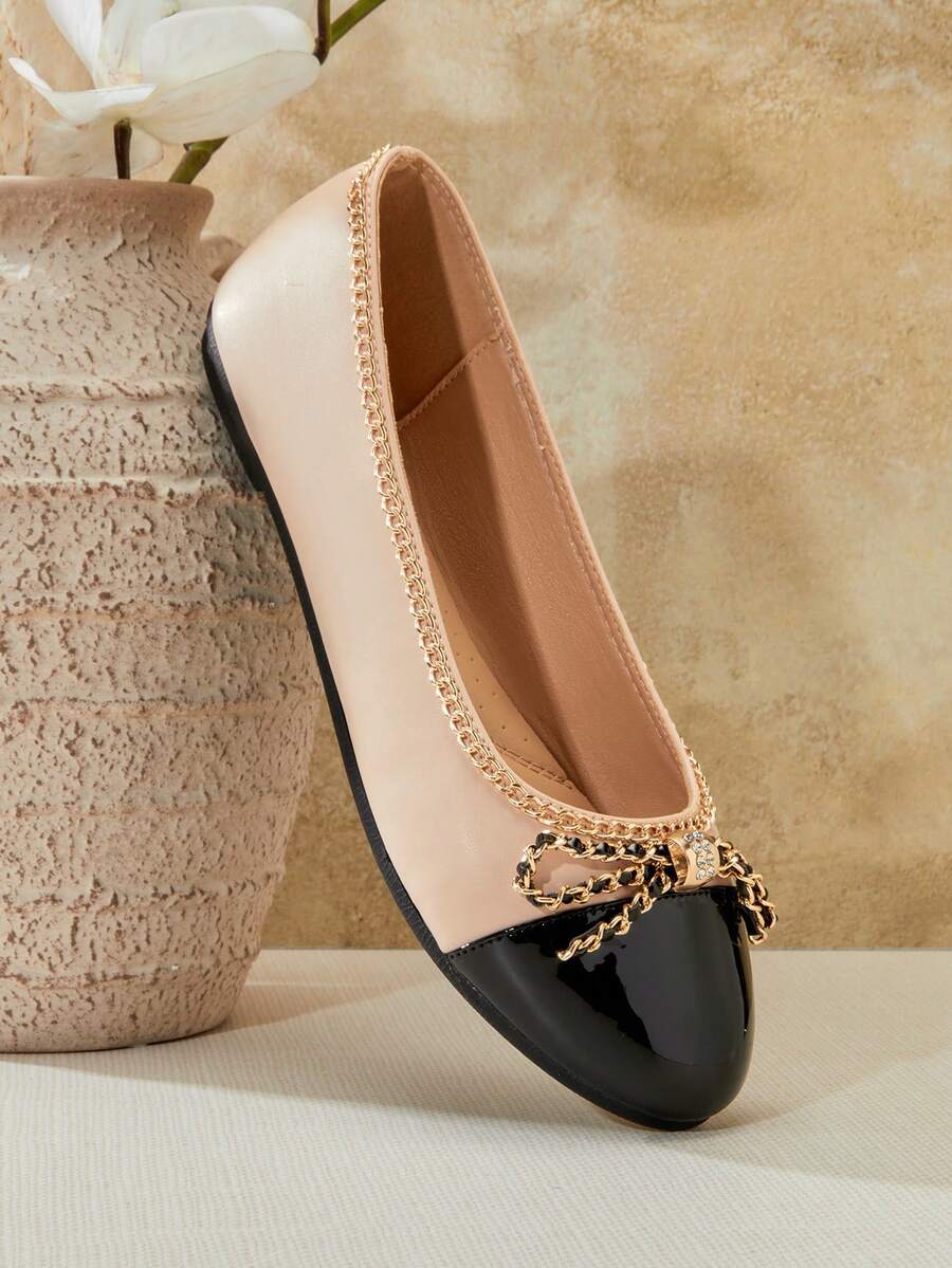 SHUZIA #LuxuryChic Women's Gold Chain Trim Contrast Nude & Black Ballet Flats – Elegant Bow Accent, French-Inspired & Timelessly Chic. - Apricot - View 1