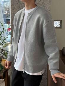 DAZY Men's Solid Gray Zip-Up Cardigan Sweater, Autumn/Winter - Grey - View 8