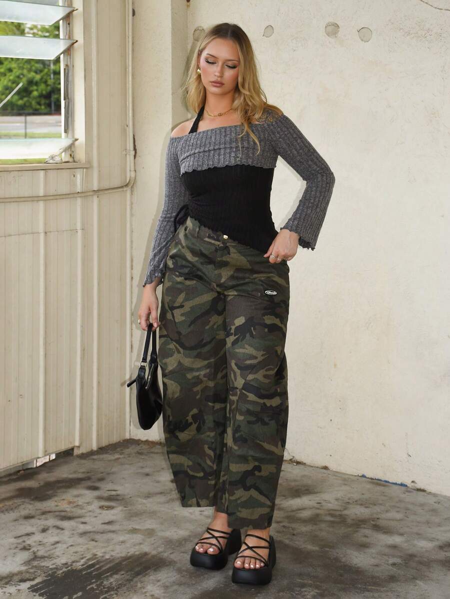 Arliah Women's & Men's Summer Western Wear Cowgirl Streetwear Concert Y2K Forest Camo Baggy Low Rise Pants - Army Green - View 1