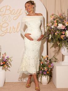 Loomaby Elegant Maternity Party Banquet Ruched Foldover Off Shoulder Embroidered Mesh Fishtail Hem Fitted Dress Dress Gender Reveal Dress Maternity Dress Baby Shower Dress Maternity Baby Shower Dress Pregnancy Photoshoot Dress Ivory Dresses White Elegant Dress White Dinner Dress - Apricot - View 1