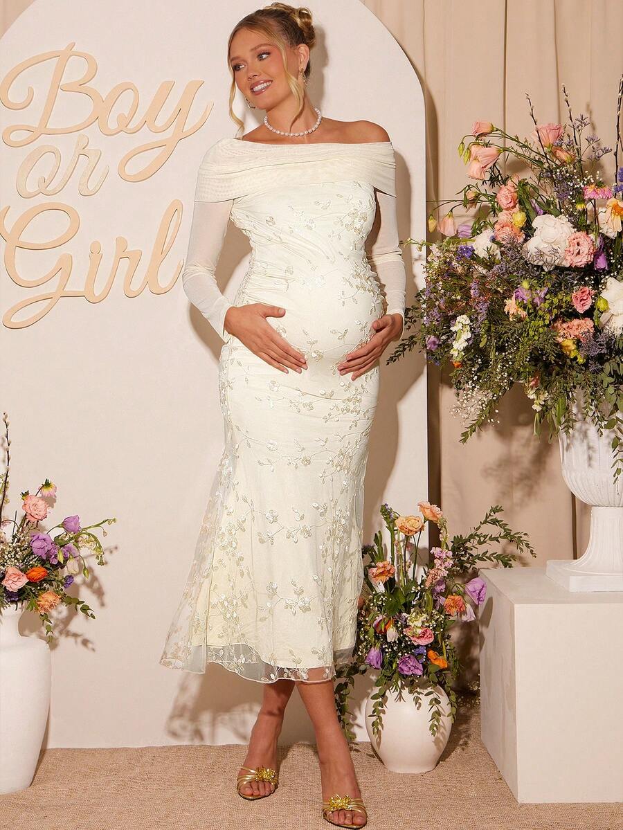 Loomaby Elegant Maternity Party Banquet Ruched Foldover Off Shoulder Embroidered Mesh Fishtail Hem Fitted Dress Dress Gender Reveal Dress Maternity Dress Baby Shower Dress Maternity Baby Shower Dress Pregnancy Photoshoot Dress Ivory Dresses White Elegant Dress White Dinner Dress - Apricot - View 1