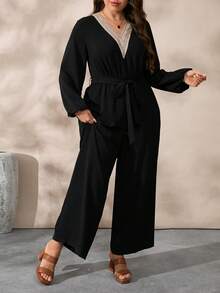 EMERY ROSE Casual Comfortable V-Neck Long Sleeve Jumpsuit - Black - View 1