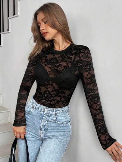 Siren Gaze Women's Black Sexy Floral Lace Sheer Long Sleeve Bodysuit For Vacation Party Black Summer ,Spring Outfit Women ,Elegant Holiday Resort