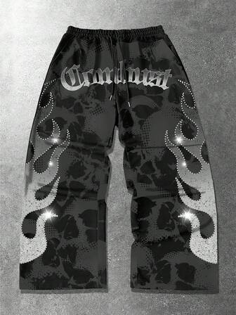 Pantalones de chándal holgados con estampado digital de llamas gris y blanco brillante y cordón en la cintura para hombre