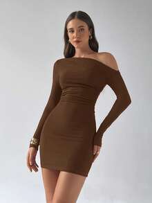 Aloruh Women's Solid Color Christmas Party Mesh Bodycon Mini Red Dress - Coffee Brown - View 3