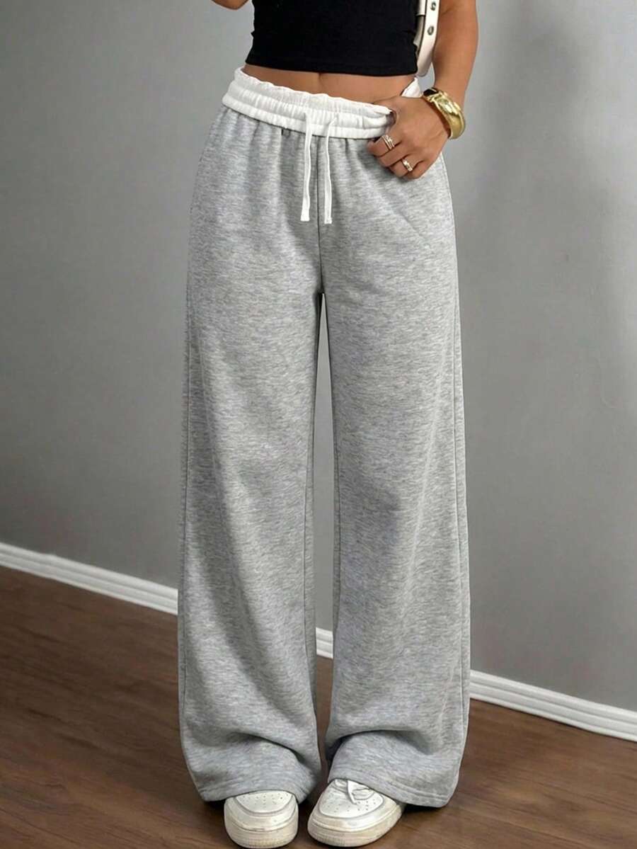 SHEIN Tween Girls Light Grey Plain Polyester Long Sweatpants Everyday Casual Comfort With Drawstring - Light Grey - View 1