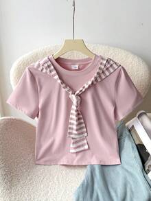 SHEIN Teen GirlPink Fitted Short Sleeve Top, Pink Striped Shawl Collar, Suitable For Outings, Commuting, Casual & Fashionable
