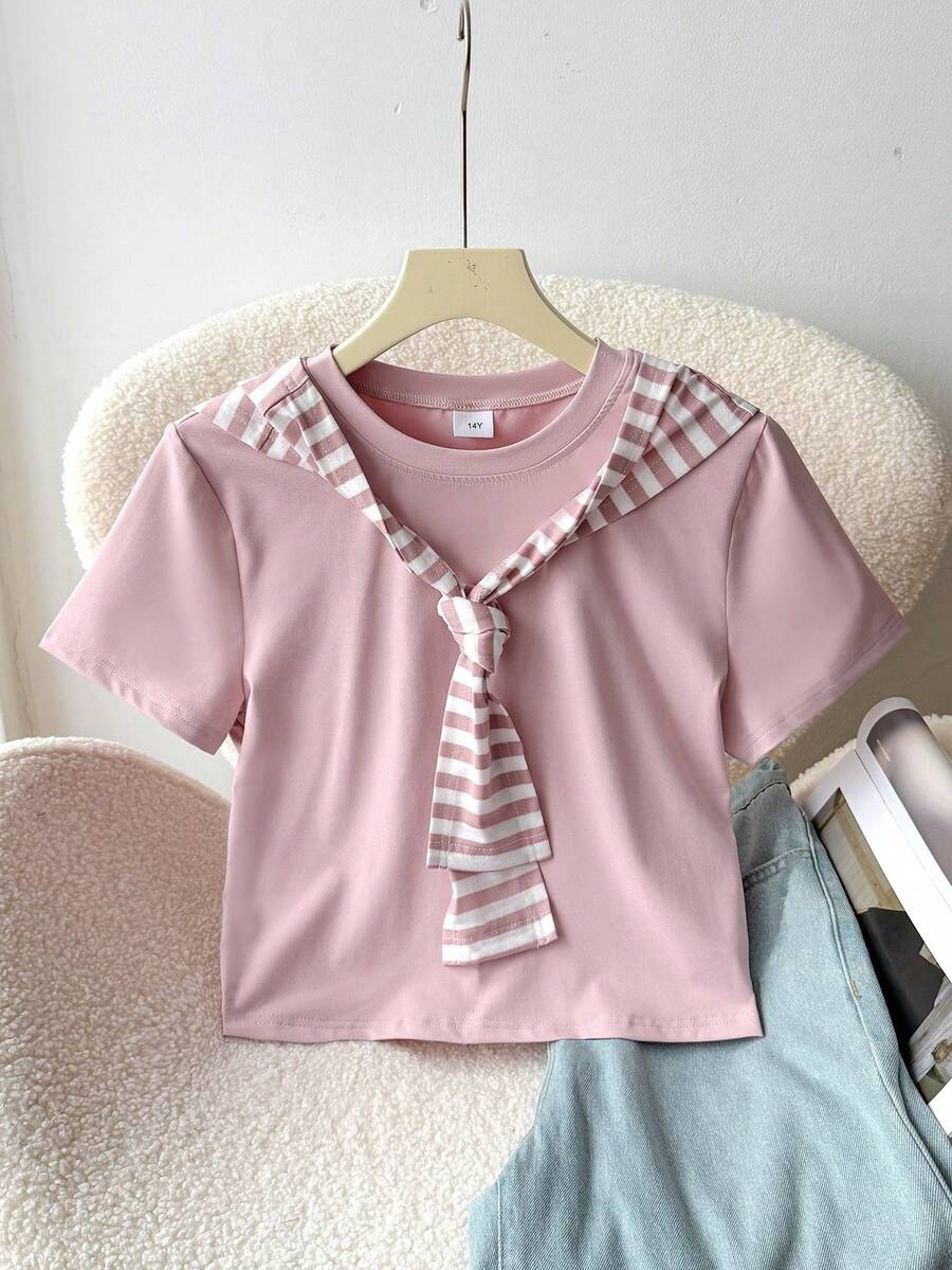 SHEIN Teen GirlPink Fitted Short Sleeve Top, Pink Striped Shawl Collar, Suitable For Outings, Commuting, Casual & Fashionable