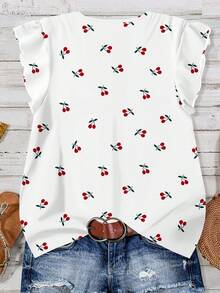 EMERY ROSE Women's V-Neck Cherry Print Ruffle Hem Casual Blouse, Suitable For Summer Spring,Casual - Multicolor - View 2