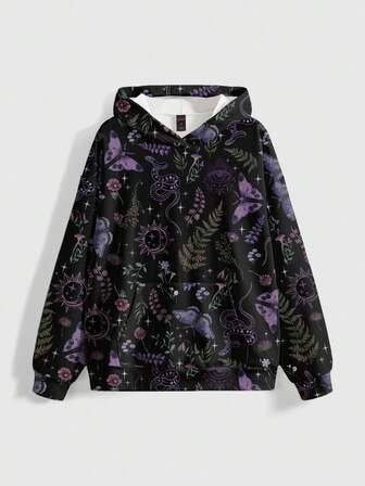 Gothischer, dunkel-mysteriöser Loose Fit Damen Sweatshirt mit Allover-Muster von Blättern, Schmetterlingen, Sonne, Mond, Sternen und Blumen