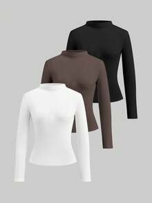 Tseoso 97% Baumwolle 3 Stücke Set Damen Langarm T-Shirts mit hohem Kragen - Schwarz, Weiß & Braun, vielseitig einsetzbare Layering Tops für den Herbst/Winter, für den täglichen Gebrauch, drinnen/Outdoor, Soft Girl, Vintage, Old Money Stil, Rückkehr zur Schule & Geschenk - Verschiedenfarbig - Übersicht 12