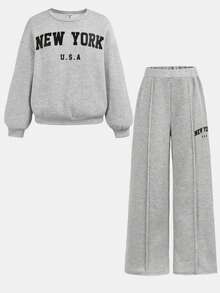 SHEIN Girlism Tween Girl Casual Daily Round Neck New York Letter Print Sweatshirt And Straight Leg Pants Set - Grey - View 11