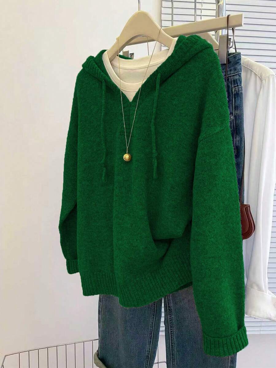 SHEIN Franclia Áo len dệt kim dài tay có mũ dáng rộng màu xám cơ bản dành cho nữ, mùa thu/đông - Màu xanh lá cây đậm - Xem 1