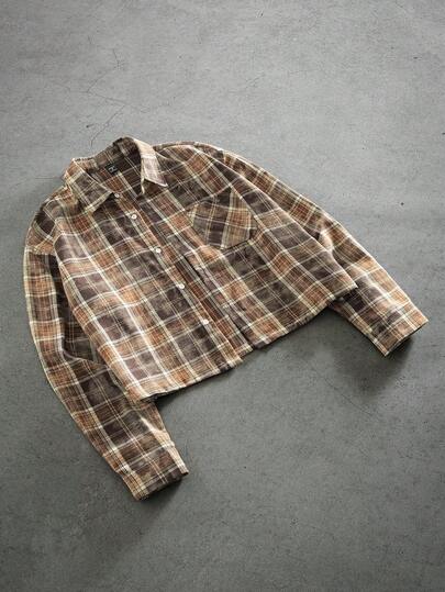 PAVTROS Men's Plaid Lapel Single-Breasted Casual Long Sleeve Shirt Brown Button Up Crop Mens Shirt Mens Cropped Button Up Flannel Cropped Flannel Shirt Mens Boxy Cropped Shirt Corduroy
