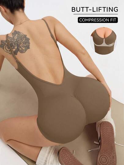 Core Rhythm Women's Solid Color Open Back Camisole And Bike Shorts Jumpsuit, For Daily Workout For Chinese New Year Compression Bodysuit Bbl Shapewear Body Suit Shapewear Compression Fit Shapewear Shapewear Bodysuit