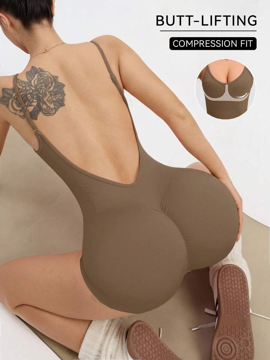 Core Rhythm Women's Solid Color Open Back Camisole And Bike Shorts Jumpsuit, For Daily Workout For Chinese New Year Compression Bodysuit Bbl Shapewear Body Suit Shapewear Compression Fit Shapewear Shapewear Bodysuit - Khaki - View 1