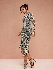 JIAN LASALA 全身印花网纱高领长袖修身中长连衣裙，不对称下摆，图案设计，优雅迷人，适合派对、婚礼等场合，尽显女王风范。 - 彩色 - 查看 3