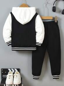 SHEIN Young Boys 2pcs Set: Black Knit Sweater With White Sleeves, Featuring Large Letter "N" Print On Front; Paired With Matching Printed Sports Pants, Ribbed Collar, Cuffs & Hem For Comfort; Casual, Sporty Style Suitable For Spring/Fall, Daily Wear, School, Travel